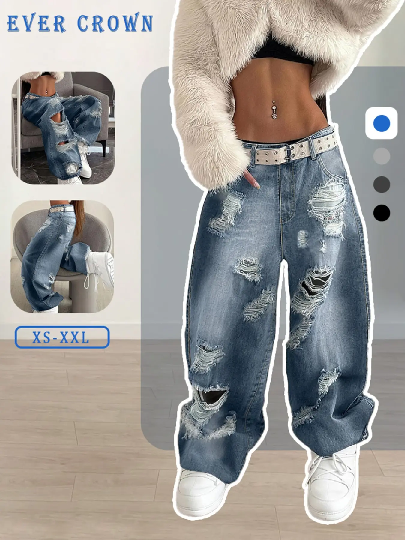 Street Fashion Ripped Denim Jean Trousers Oversized Loose Fit Wide Leg All-match Casual Jeans Long Pants for Ladies