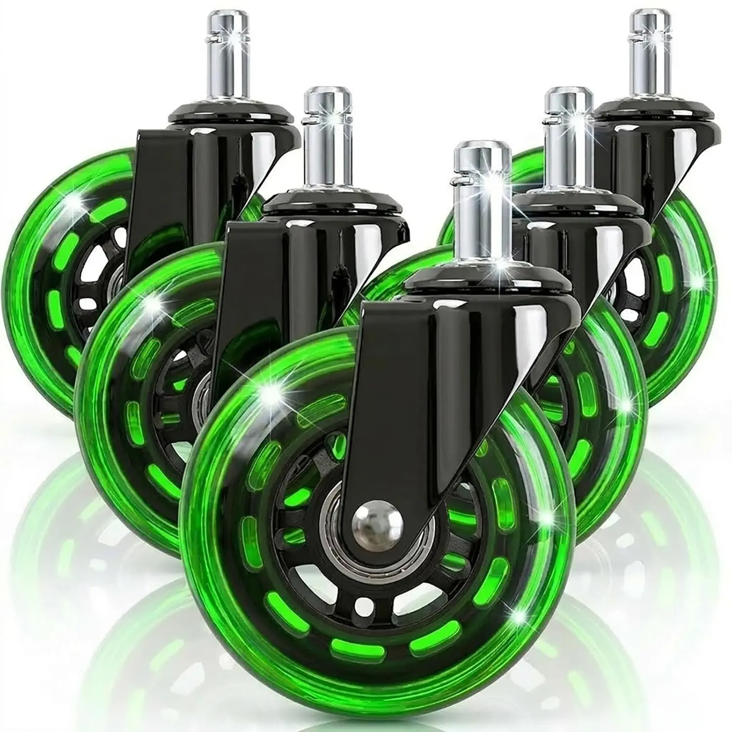 Green Transparent Polyurethane Office Chair Caster Wheels Replacement Set (5-Piece, 3in) - Muted Sound, Smooth Rolling for Hardwood Floors, Carpet