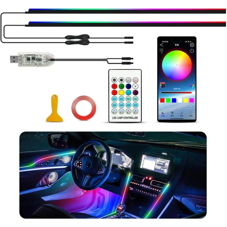 43.3in USB-Powered Neon Flexible Strip Interior Car Lights Kit for Tesla Model Y, Dynamic RGB 2-in-1 Ambient Lighting with App/Remote Ctrl, Plug-and-Play SUV Interior Decor