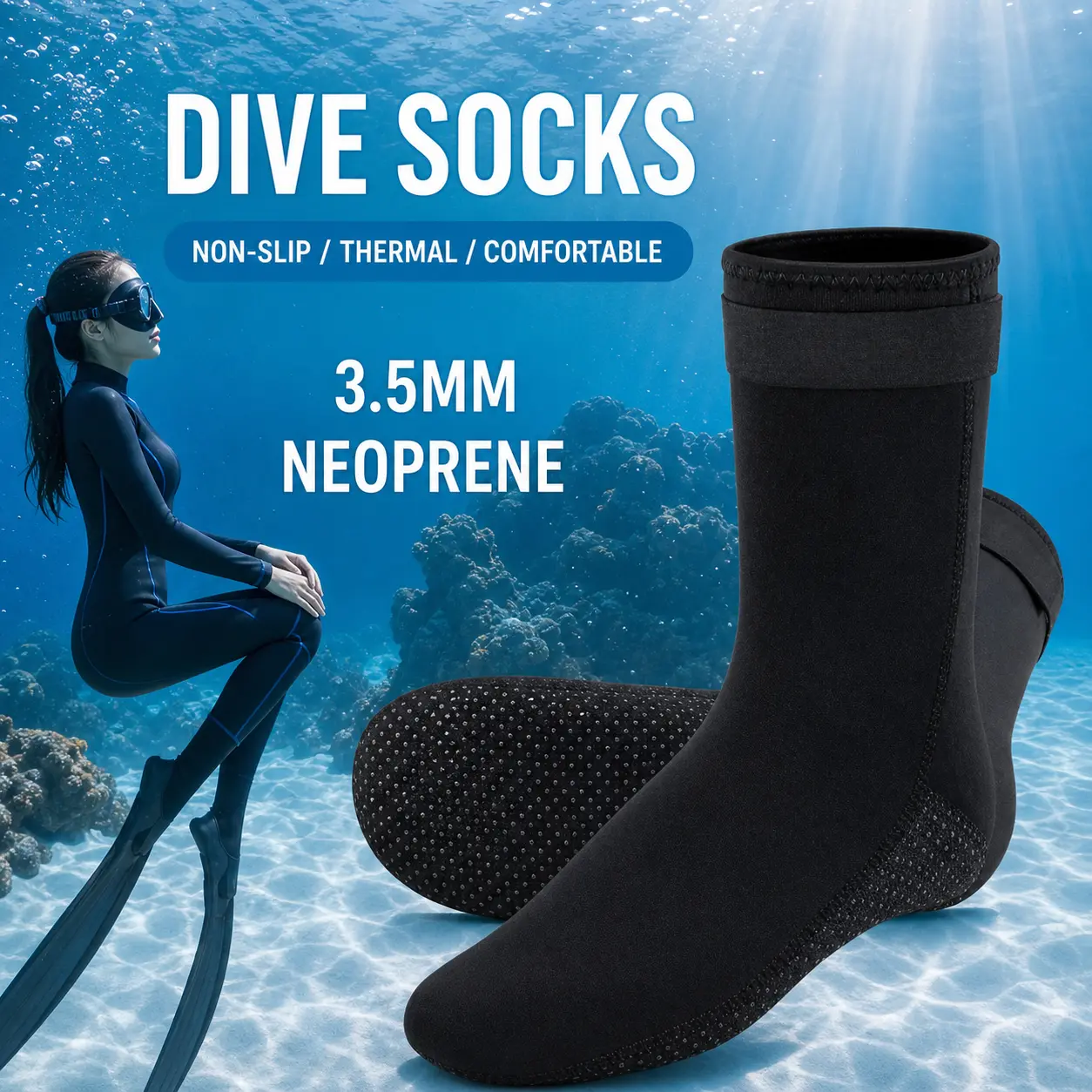 3.5mm Neoprene Water Socks for Men and Women, Non-Slip Dive Booties with Adjustable Strap for Snorkeling, Swimming and Beach Sports