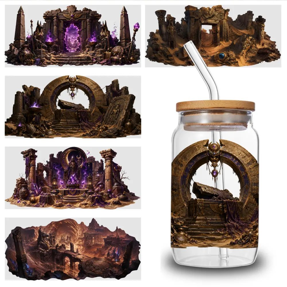 5-Sheet Waterproof Ancient Ruins UV DTF Self-Adhesive Stickers, Vinyl Themed Transfer Paper for 16oz Glass Jar Cup & Bottle Decorative Packaging