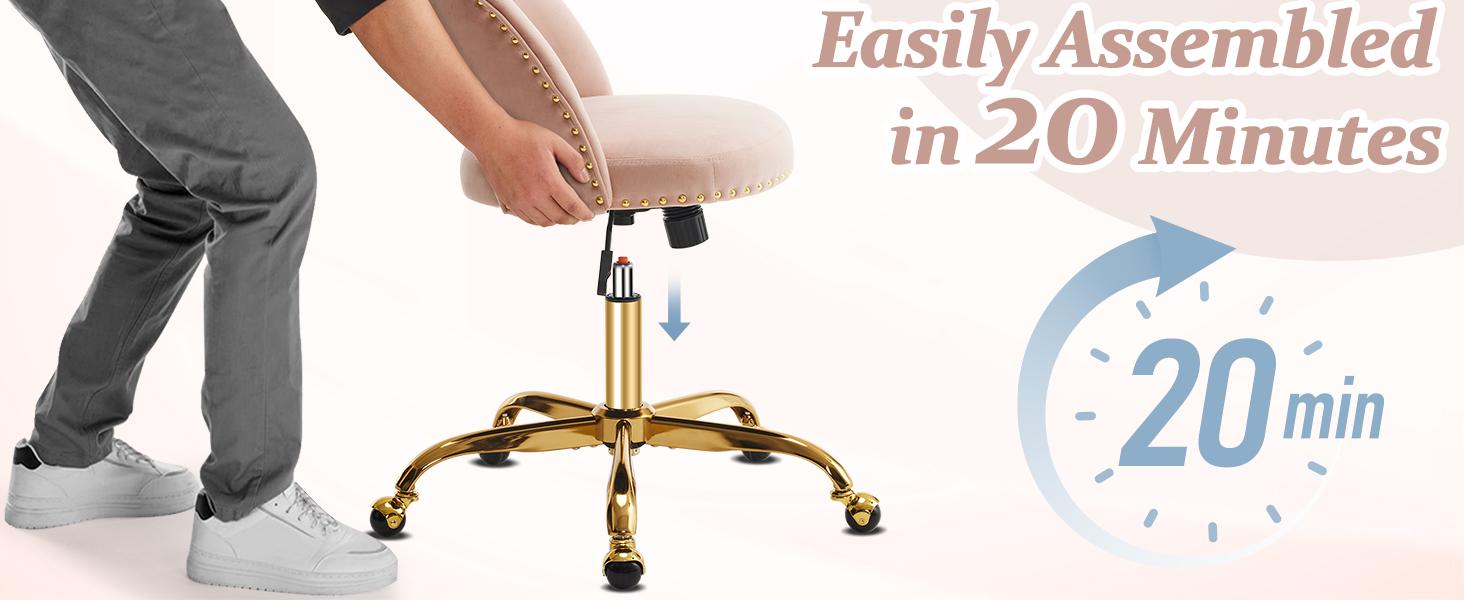 VINGLI Modern Velvet Small Office Chair,Cute Desk Chair with Wheels,Gold Base/Studs, Comfy Armless Swivel Vanity Task Chair for Women/Girl/Kids, Nail Tech Chair for Bedroom,Small Space,Pink