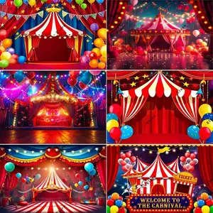 Red Circus Tent Carnival Birthday Party Newborn Baby Shower Red Curtain Balloon Star  Clown Photography Background Photo Studio