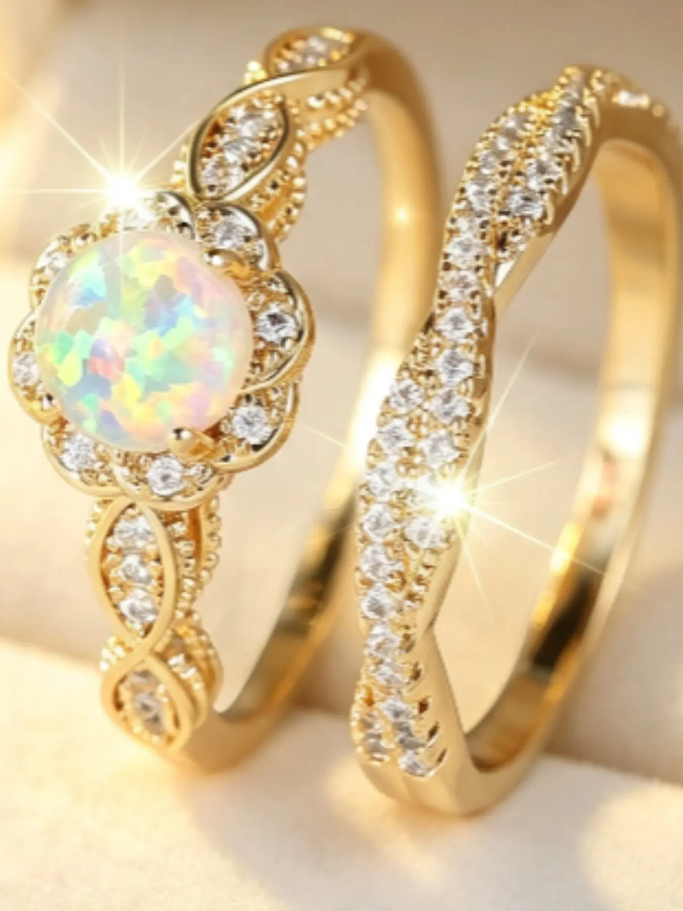 Round Opal Wedding Ring Set, Vintage Floral Opal Engagement Ring with Zircon, Stackable Bridal Jewelry, Romantic Gift for Women, Engagement Wedding Rings