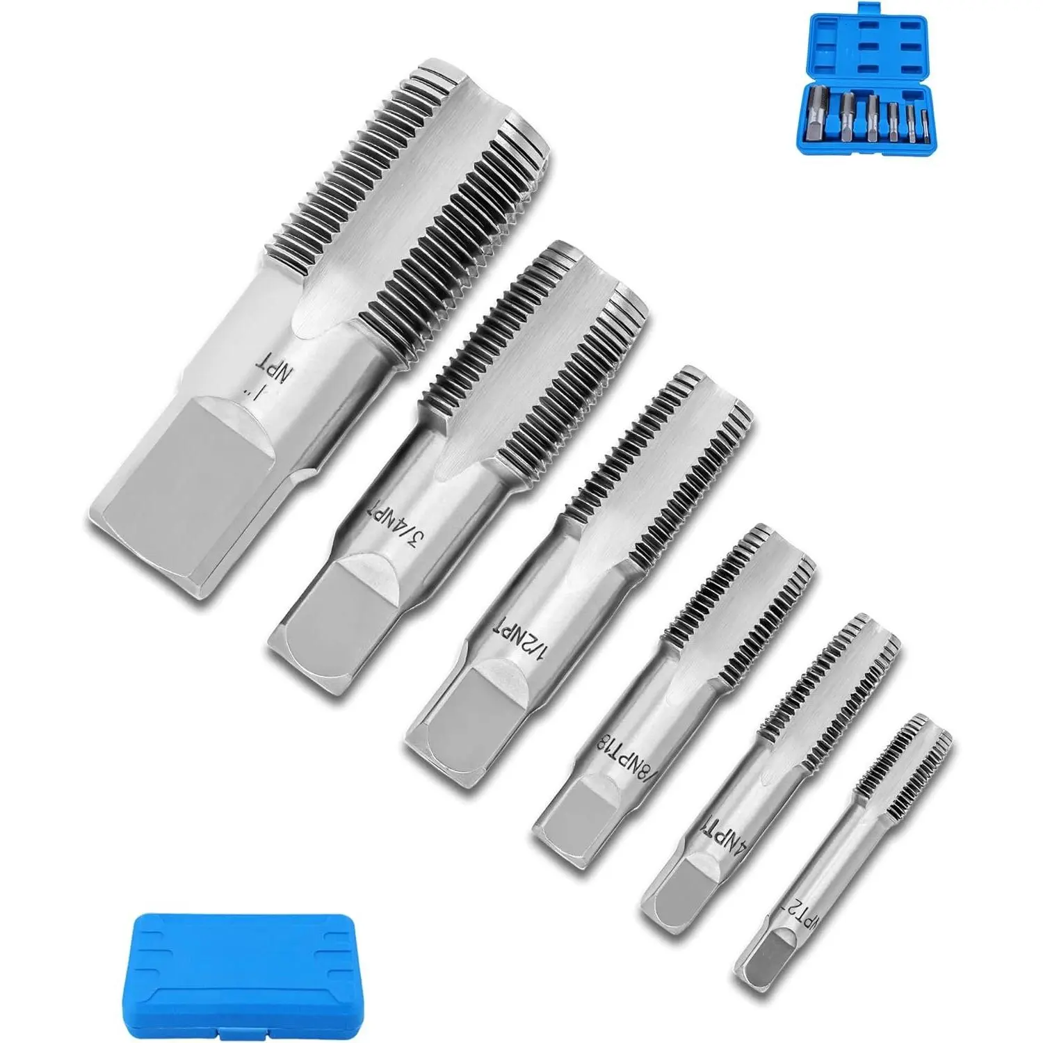1/8", 1/4", 3/8", 1/2", 3/4", 1" NPT Tap Set, GCr15 Threading Plumbing Tap Set for Accurate Threads with Storage Box | 4-Flute  Chip Removal for Plumbers Mechanics DIY Thread  tools