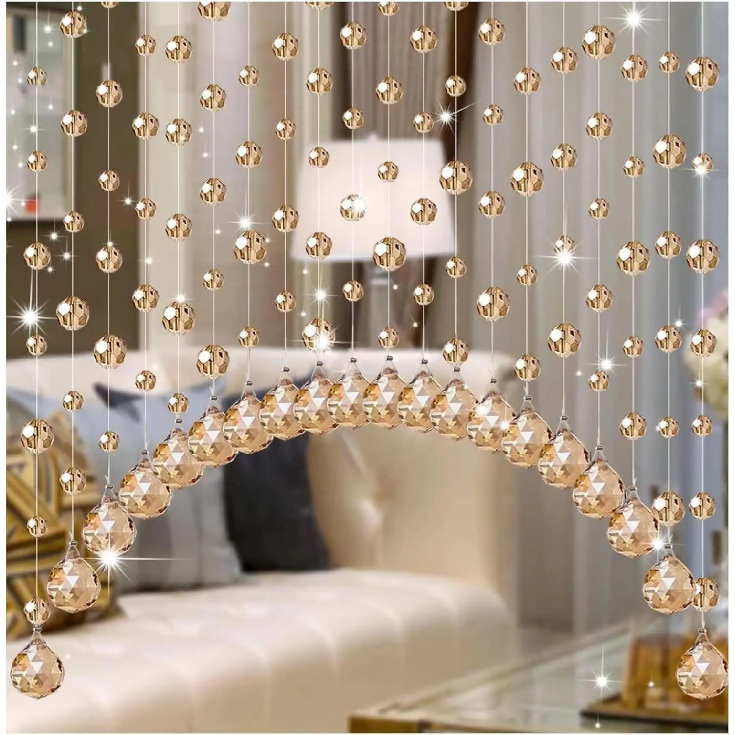 20 Strings Crystal, Arched Door String, Doorway Room Divider Suitable for Home, Coffee, Bedroom, Restaurant.(Champagne)