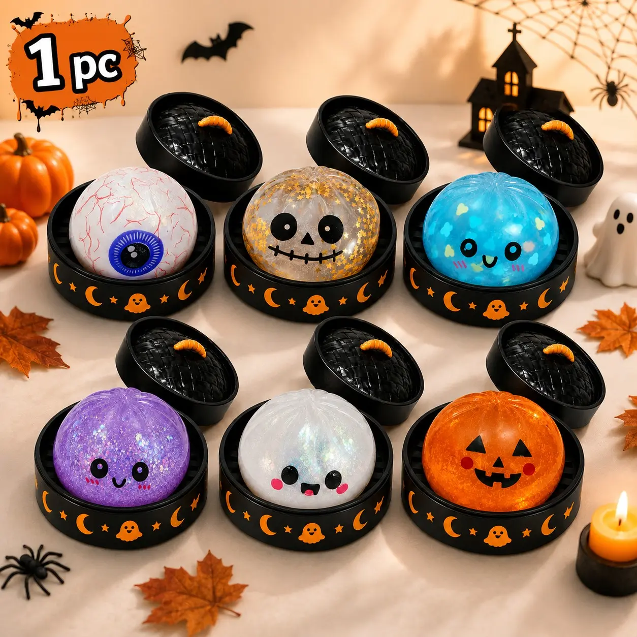 1 PC Halloween Dumpling Squishy Mystery Box with Steamer, Cute Viral Bao Bun Squishy Toy, Soft Jelly-Filled Squeeze Fidget Toy for Teens and Adult, Ghost Pumpkin Eyeball Designs for Stress Relief, Party Favors & Desk Toys