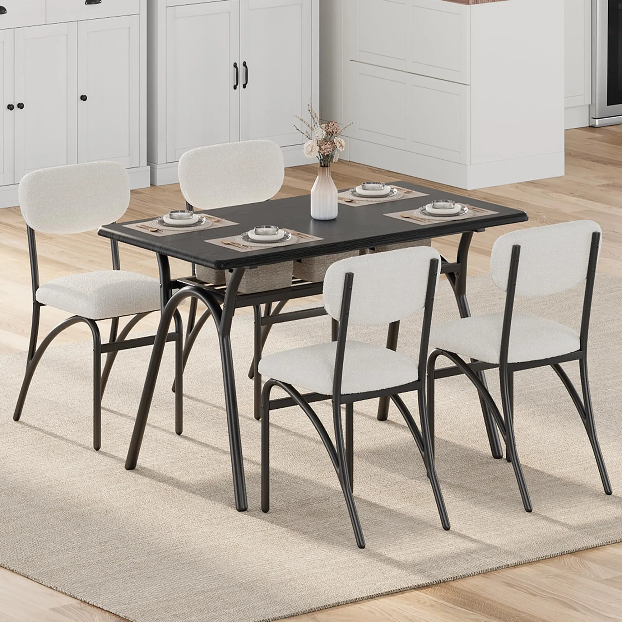 Set of 4 Modern Boucle Dining Chairs, Lambswool Upholstered Surface, Stackable Armless Style with Metal Legs, Beige and Grey for Dining Areas