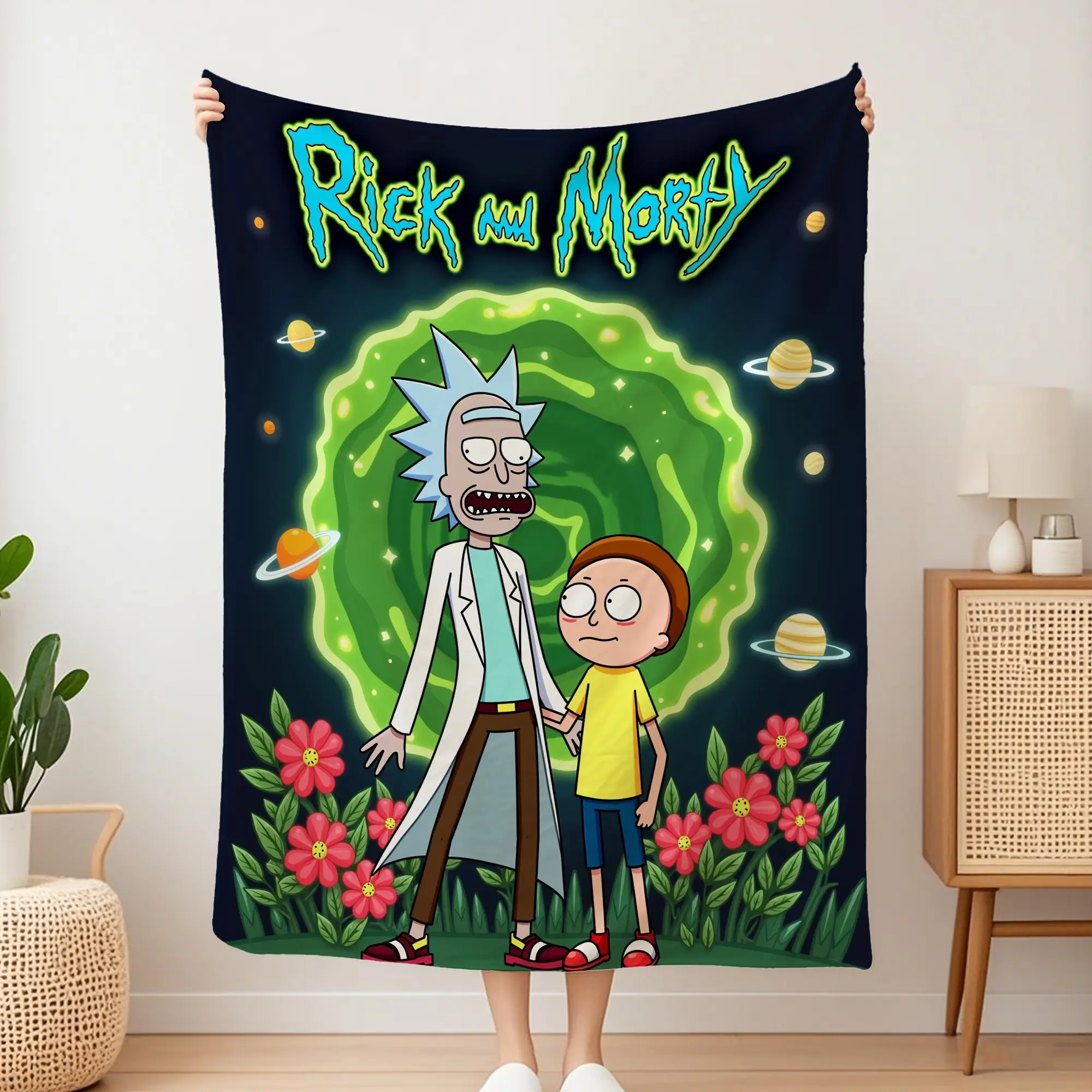 RICK and MORTY cartoon theme printed plush blanket, suitable for naps and outdoor activities, perfect gift, lightweight and durable
