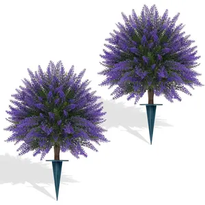 Artificial Lavender Topiary Bushes with Ground Spike, 24" Set of 2 Faux Lavender Boxwood Ball Trees UV Resistant Fake Greenery Plants for Indoor & Outdoor Spring Porch Decor