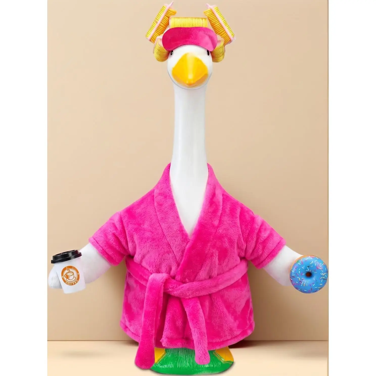 Girl Style Bathrobe Outfit for 17" 23" Porch Goose Statue, Goose Costume with Curlers Sleep Mask Coffee Donut, Lawn Garden Home Decor