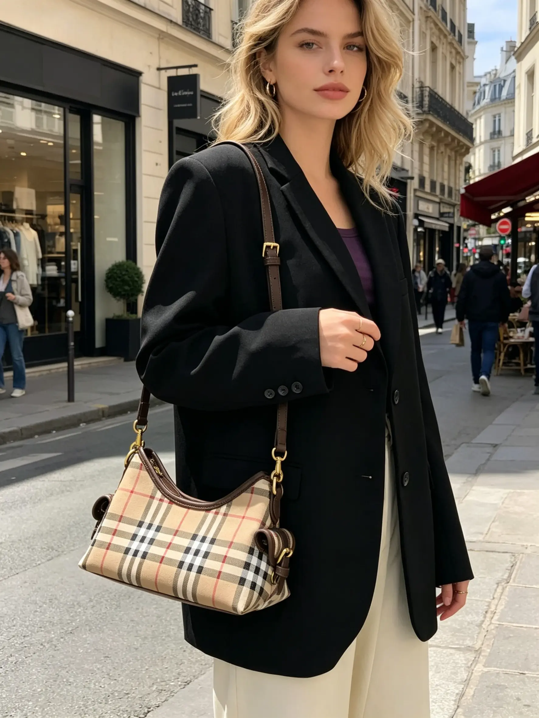 Classic Plaid Crossbody Bag for Women, Vintage Shoulder Bag, High-End Commuter Bag, British Style Plaid Crossbody, Soft Leather Patchwork