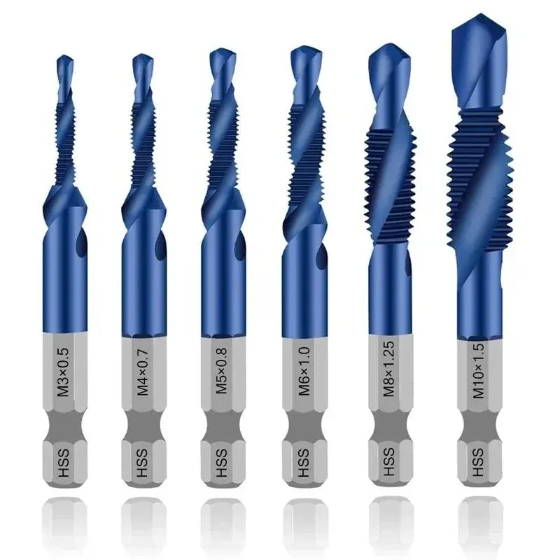 6pcs Titanium Coated Hex Shank High-Speed Steel Tap Drill Bits, Metric Thread Tap Composite Drill M3 M4 M5 M6 M8 M10, Hand and Machine Use Tool