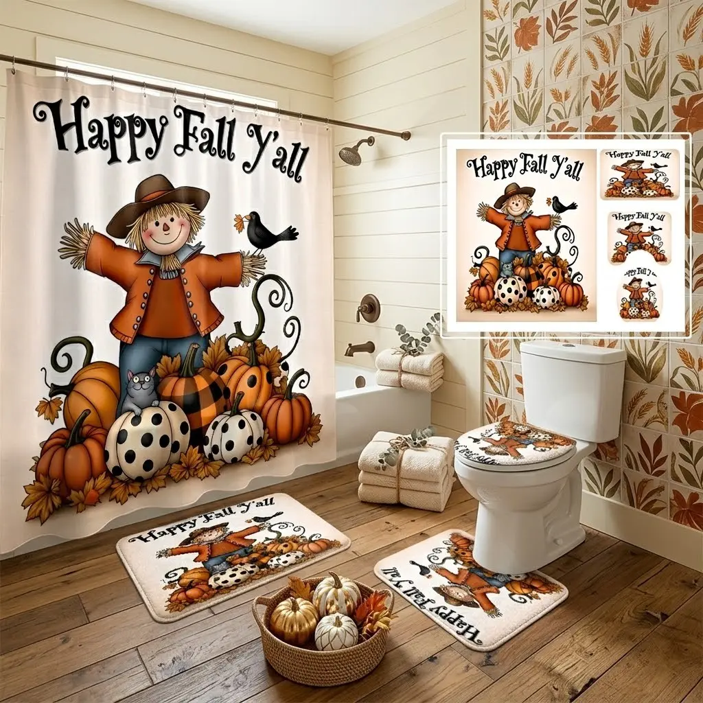 4pcs Happy Fall Y'all Scarecrow & Polka Dot Pumpkin Shower Curtain Set with Toilet Seat Cover & Bathroom Mats, The floor mat fabric is thicker and softer! Rustic Farmhouse Autumn Pattern Bathroom Decor Kit for Thanksgiving Home Bathroom Styling