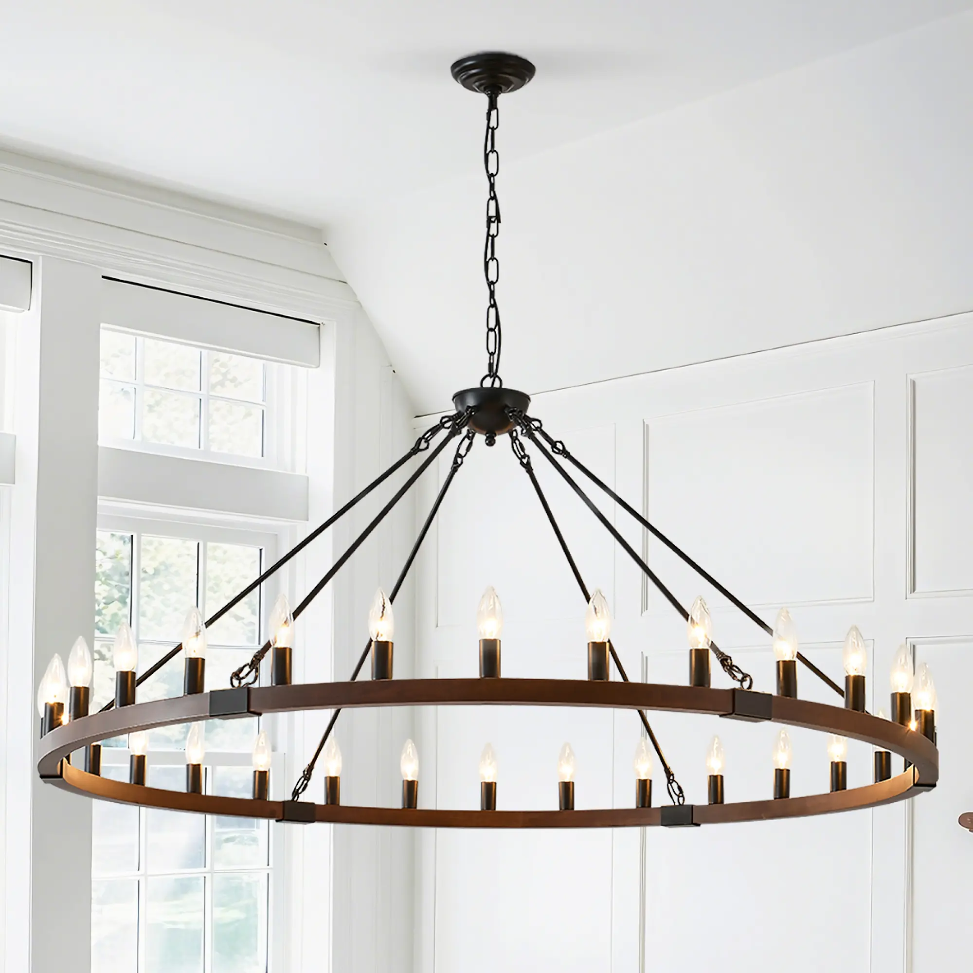 ARCH 53.15" Dia. Modern Farmhouse Wood Wagon Wheel Chandelier - 30-Light Hanging Pendant Ceiling Light, Wood & Matte Black Finish, Ambient Lighting for Living Room, Foyer, Kitchen Islands, Bulbs Not Included, Home Furniture