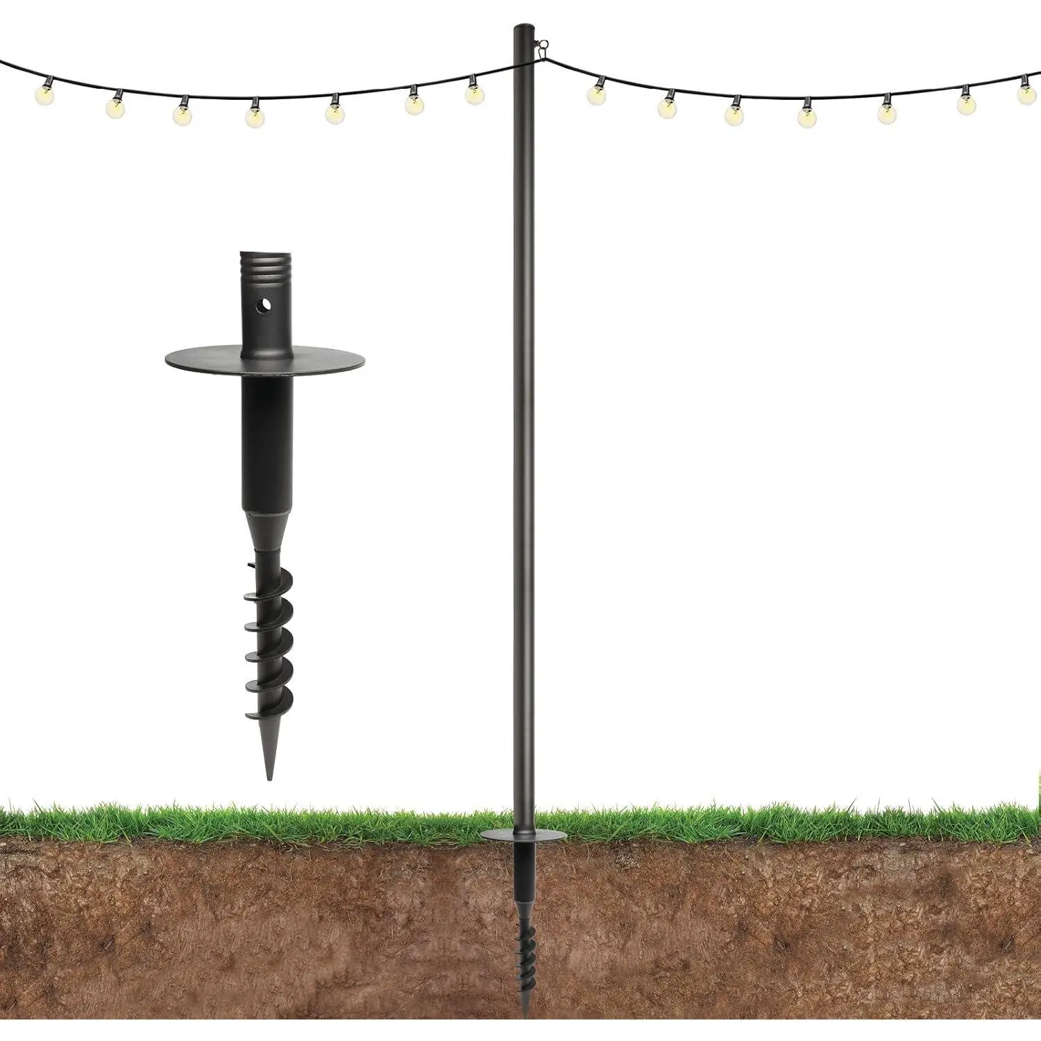 1 Pack Premium String Light Pole, Extends to 10 Feet, Yard Mount for Grass and Dirt