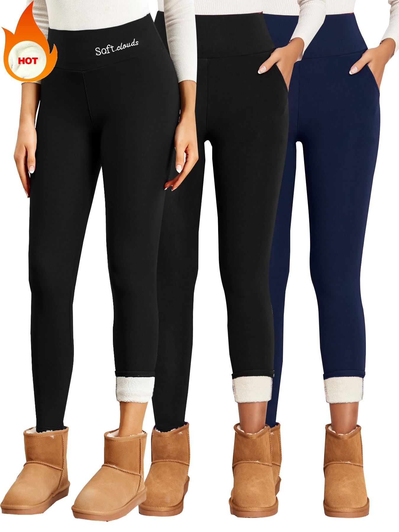 Women's Solid/Letter Embroidery Pocket Sports Leggings, Thermal Lined High Waist Skinny Pants, Ladies Warm Sportswear for Yoga Gym Workout, Yoga Training Pants