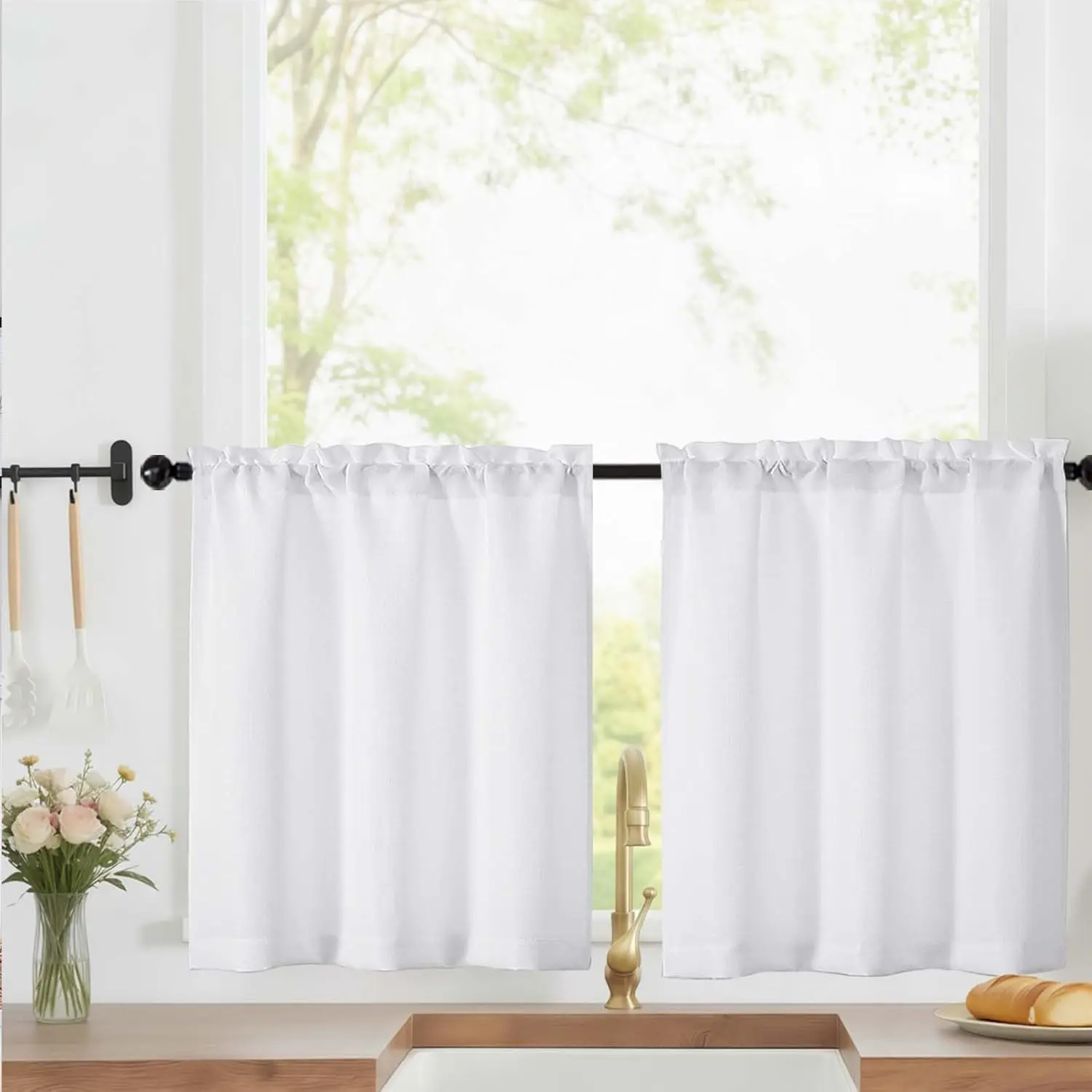 White Short Kitchen Curtains 24 Inch Length Tier Curtain 2 Panels - Faux Linen Textured Cafe Curtain, Light Filtering Small Windows Curtains for Bathroom Basement, 30" W x 24" L