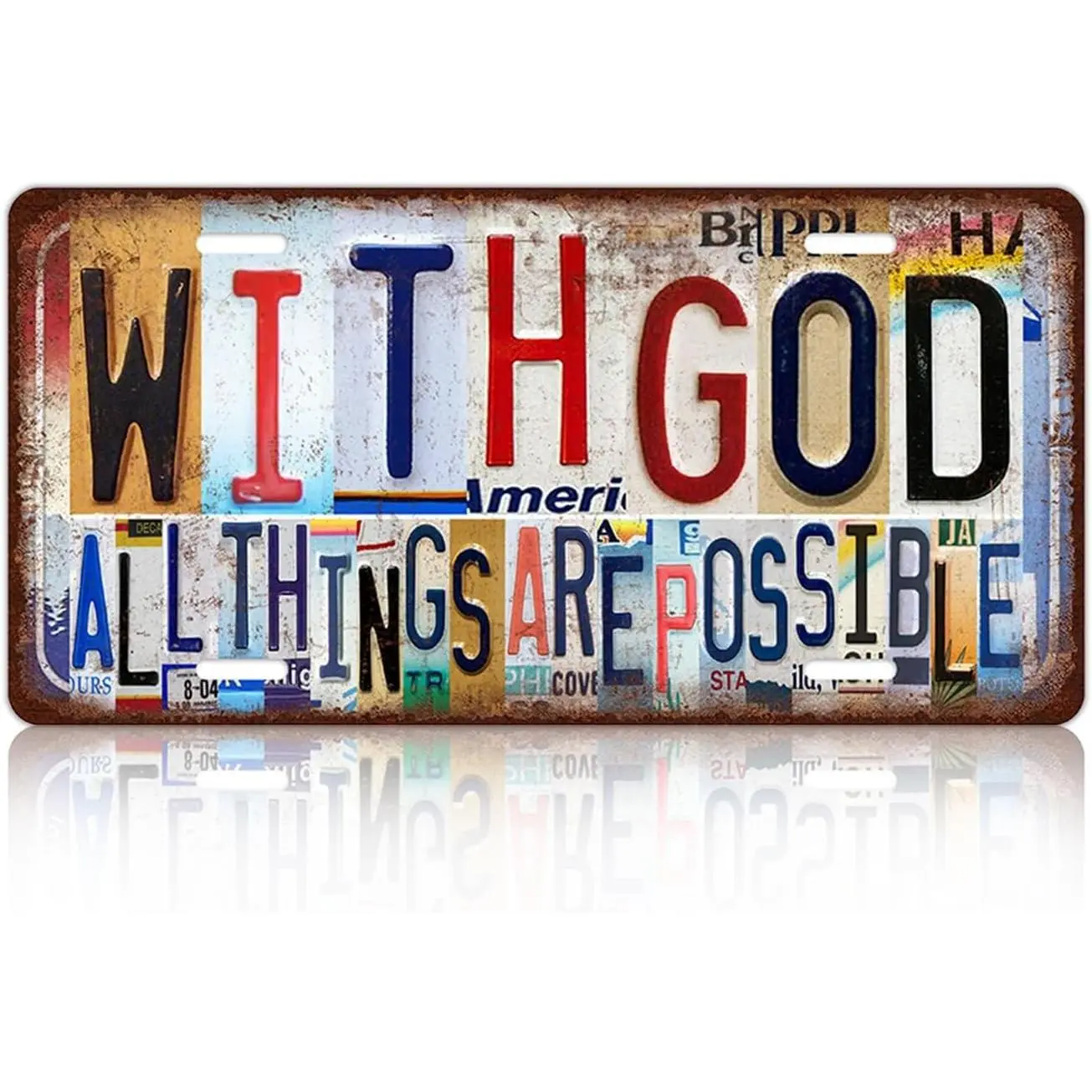 Vintage Inspirational Christian Wall Decor With God All Things Are Possible License Plate Metal Tin SignGift