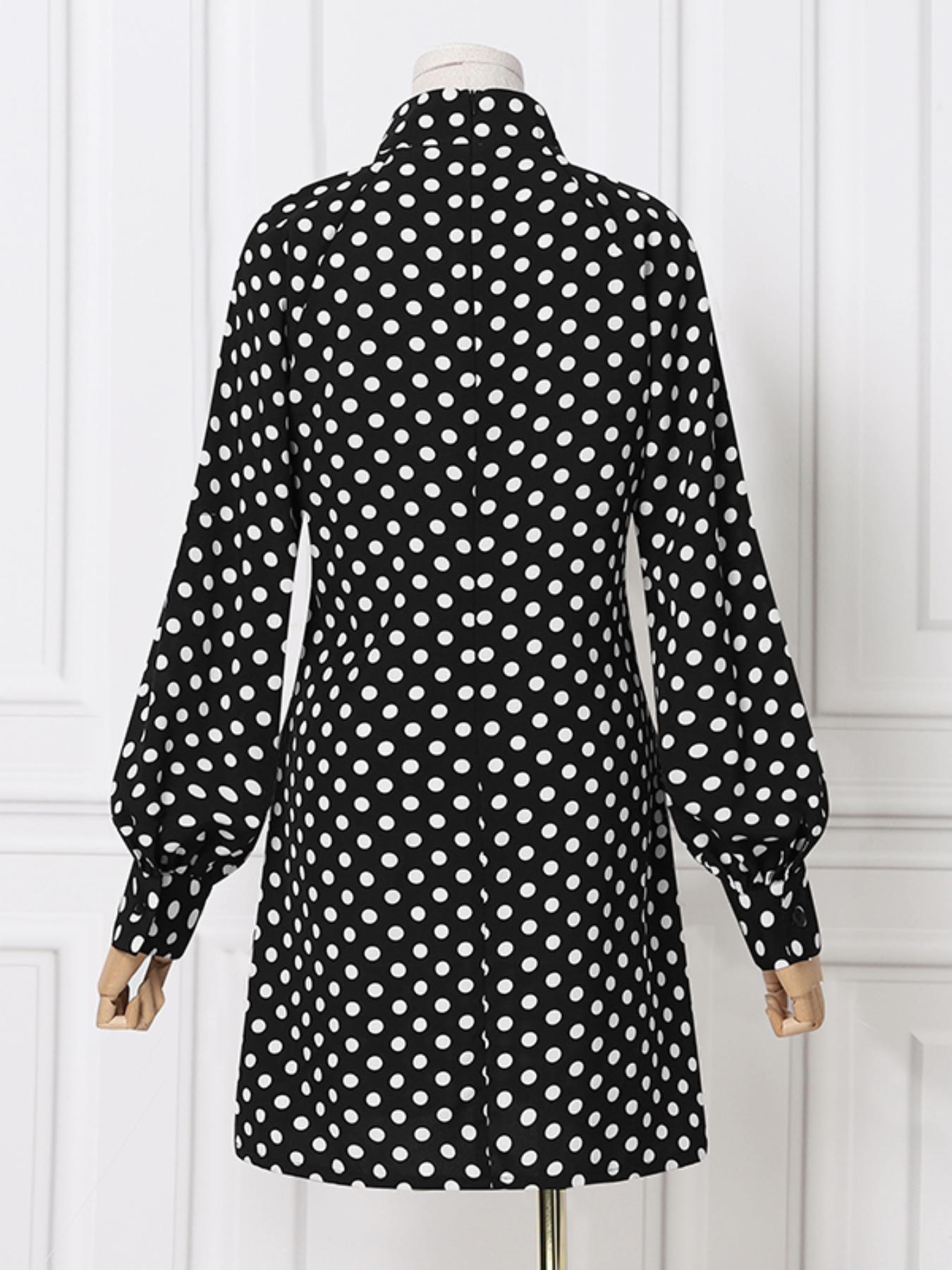 Women's Polka Dot Print Bishop Sleeve Dress, Elegant Chic Long Sleeve Stand Collar Short Dress for Party Holiday Wedding Guest, Ladies Fall & Winter Clothes, Womenswear, Formal Dresses Women, Chic Elegant Aesthetic