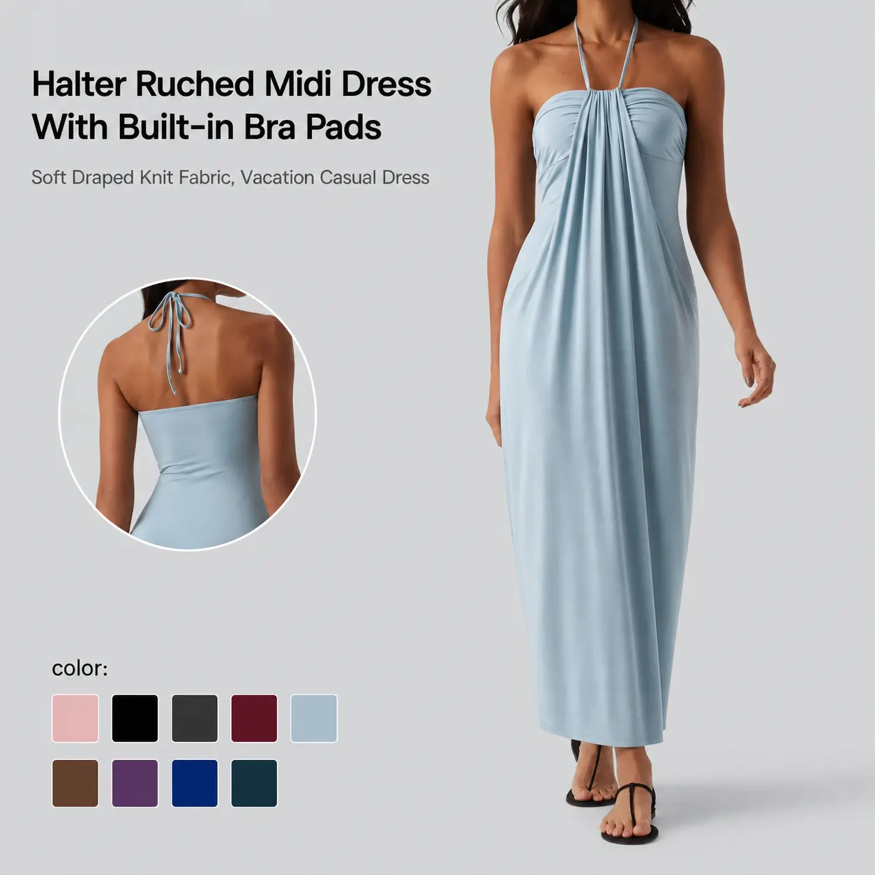 Women's Tie Halter Backless Maxi Dress, Adjustable Tie Neck Summer Long Dress