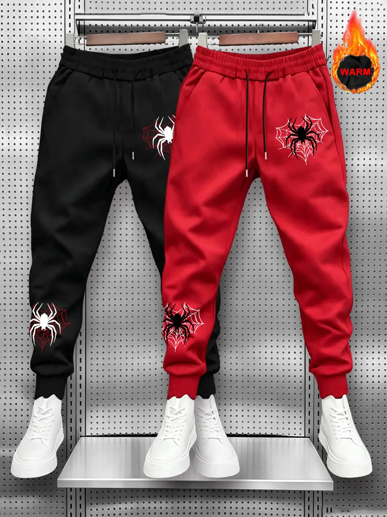 Men's Fall Winter Spider Web Pattern Casual Pants Set, Drawstring Mid Waist Slim Fit, Loose Design, Trendy Graphic, Perfect for Leisure Wear