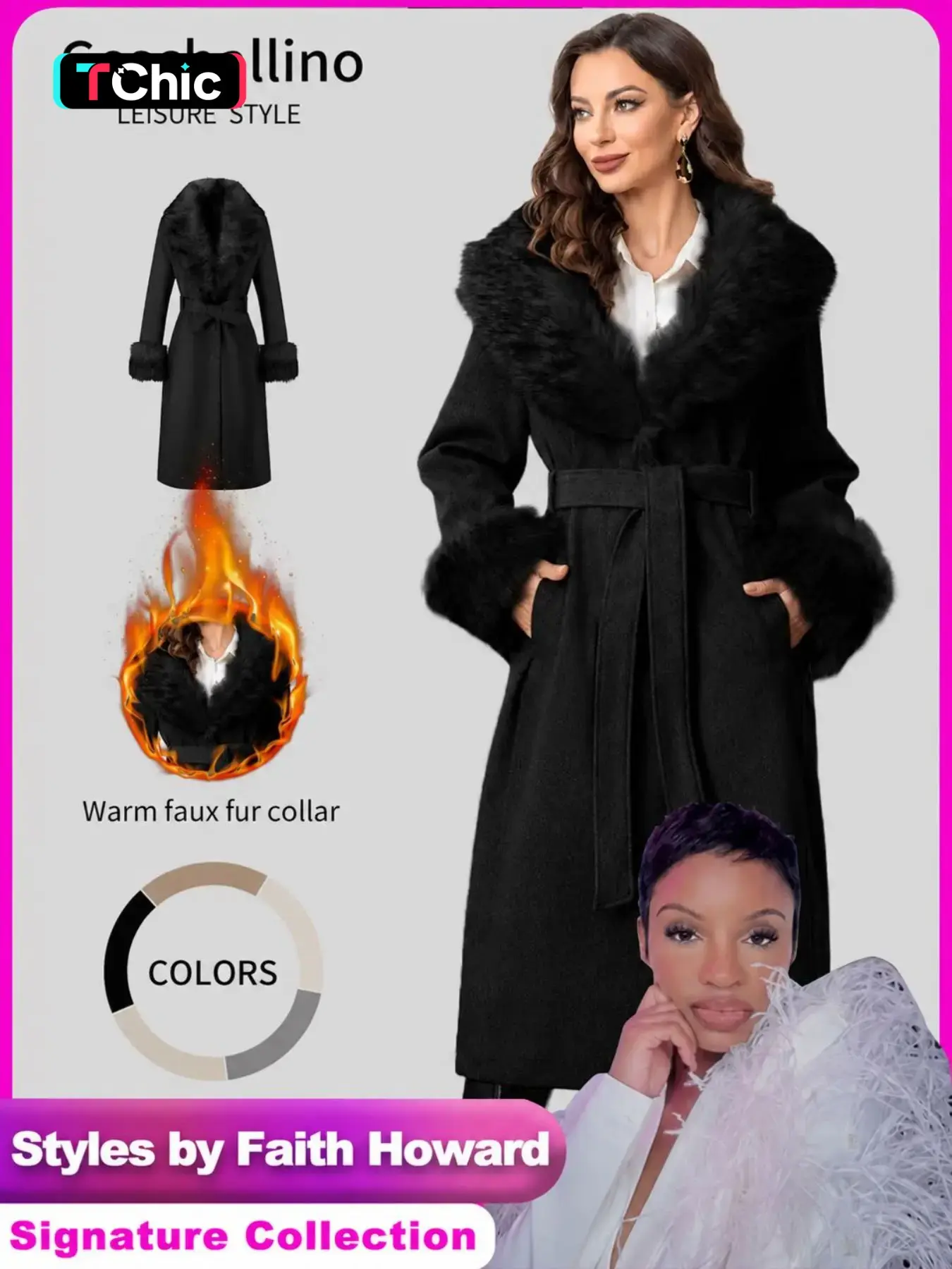 Styles by Faith Howard Women's Fall Winter Medium-Length Coat, Elegant Plain Color, Warm Belted Design, Fitted Long Sleeve, Cold-Proof with Fur Collar, Includes Waist Belt and Pockets