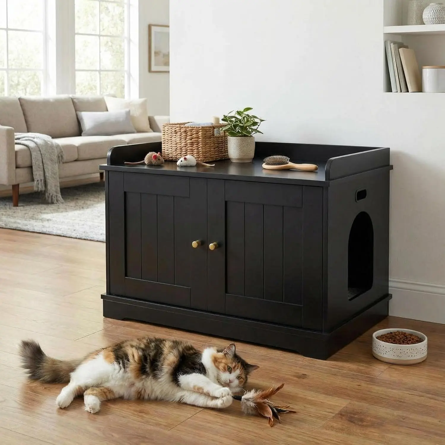 Cat Litter Box Enclosure – 31.5"×19.7"×21.3", 3 Colors, Barn Doors & Storage – End Table for 1-2 Cats – Gray/White/Black, Odor-Control