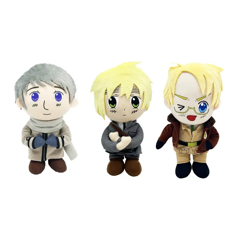 Hetalia Axis Powers America Alfred F. Jones Plush Doll 26cm 130g Standing Anime Male Stuffed Toy Short Blonde Hair Gold Wire Frame Glasses One Wink Big Bright Blue Eyes Open Smiling Mouth Brown Furry Collar Flight Jacket Khaki Uniform Outfit Yellow Star C