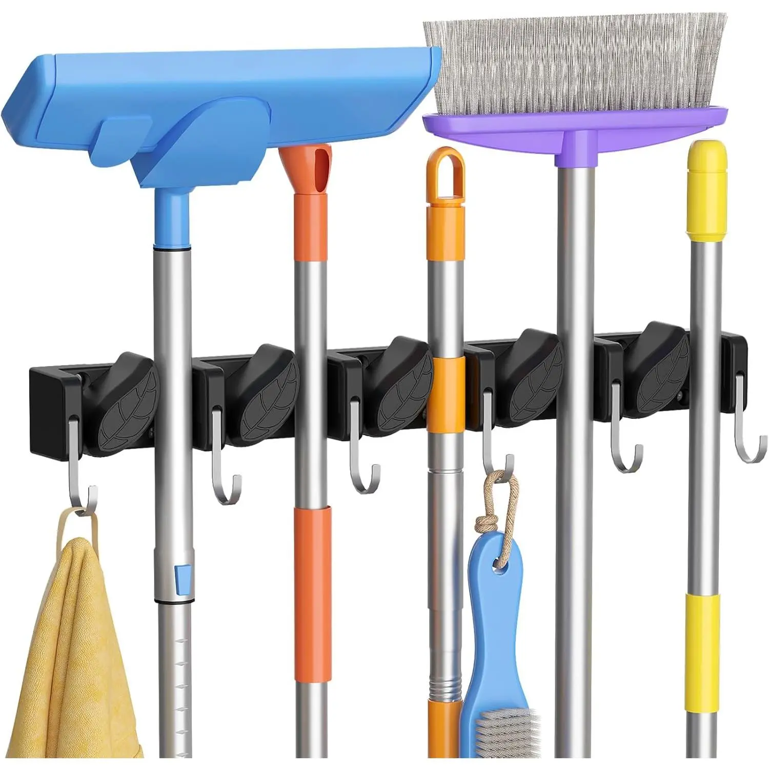 Mop and Broom Holder Organzier Wall Mount Non-Slip, 1 Pack, Black |   Easy Install One Handed Push Cleaning Tool Hanger with 6 Hooks 5 Slots, Heavy Duty Hanging Utility Rack for Garden, Garage