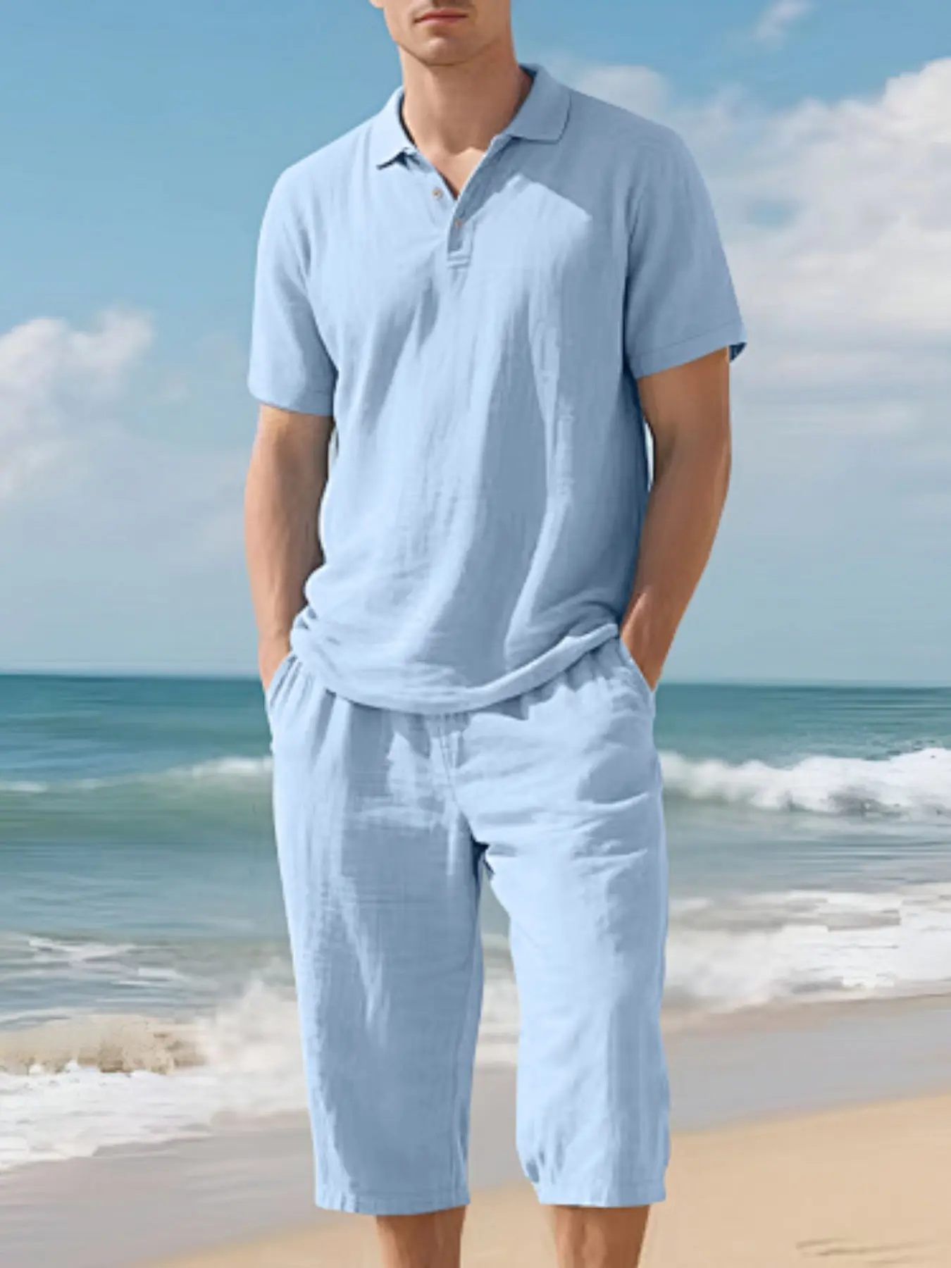 Men's Linen Short Sleeve Polo Shirt & Capri Pants Set, Breathable Loose-Fit Collared 2-Piece Outfit for Summer, Tropical, Solid Light Casual Suit for Beach Vacation, Versatile Menswear for Commute & Travel, 7 Colors Available
