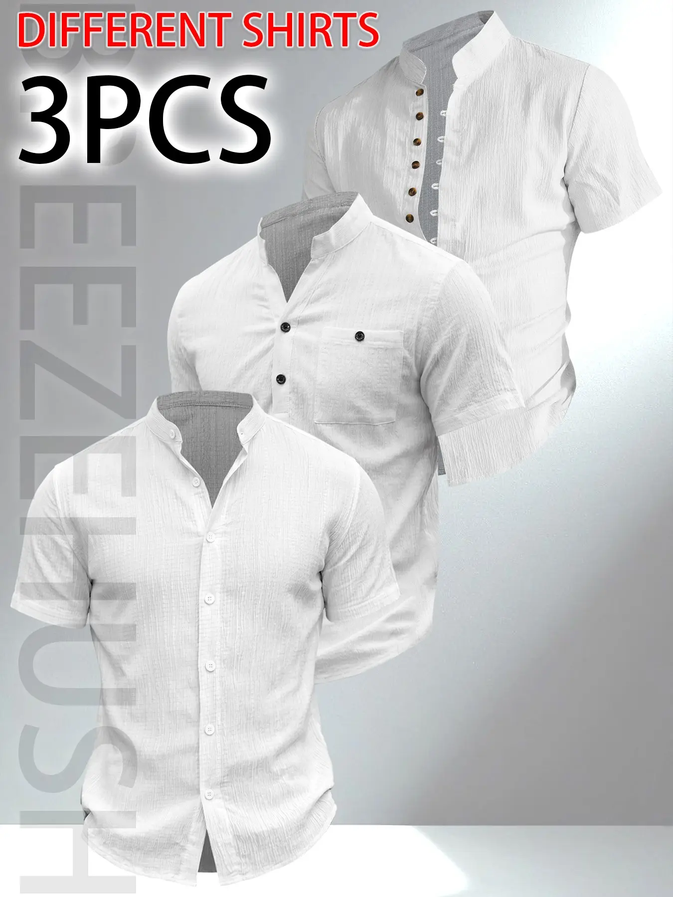 3pcs Men'S Summer Short Sleeve Shirts - Different Styles of Shirts, Lightweight Breathable Solid Color Button-Up Casual Shirts with Stand Collar, with Pockets, Machine Washable for Beach Vacation, Pool Party & Casual Attire