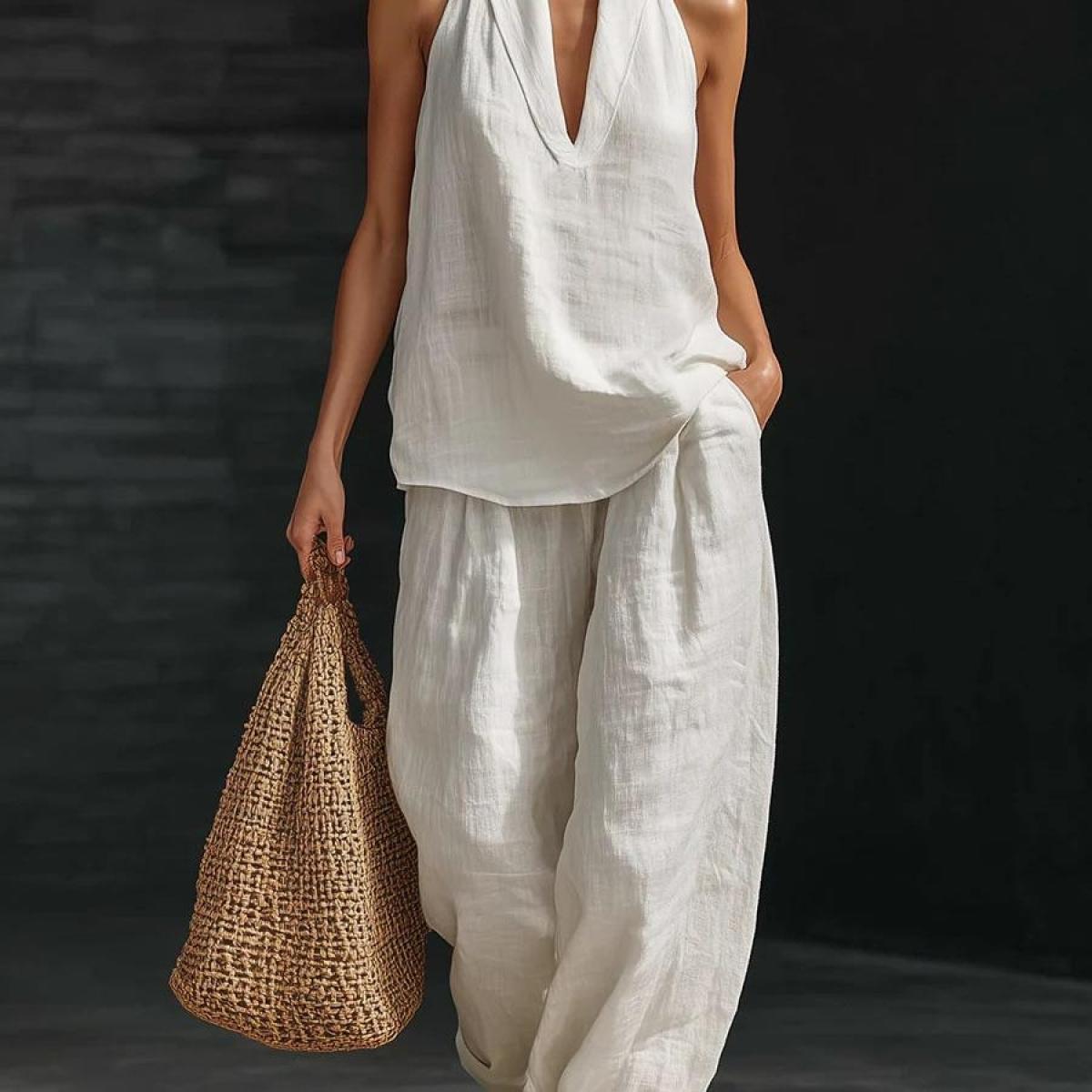 Boho Halter Neck Two Piece Set - Perfect for Beach & Vacation! Sleeveless Top Wide Leg Pants # TwoPieceSet # HalterNeck # WideLegPants # Sleeveless # SummerOutfit # BohoFashion # Outfit of the Day # WomensFashion # CasualWear