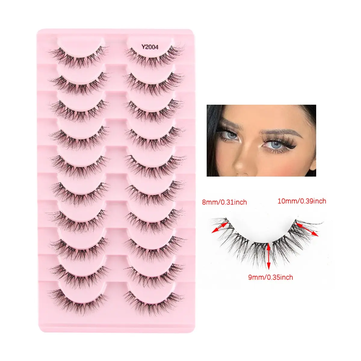 Transparent Invisible Strip False Lashes, 10 Pairs, Fluffy C Curl, Mixed Length, Lightweight Natural Look, Daily Makeup