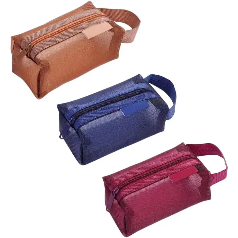 3 count Portable Square Mesh Storage Bag,Zippered  Bag,Small Square Mesh  Purse Travel Storage Carry Pouch(Red, Brown, Dark Blue)