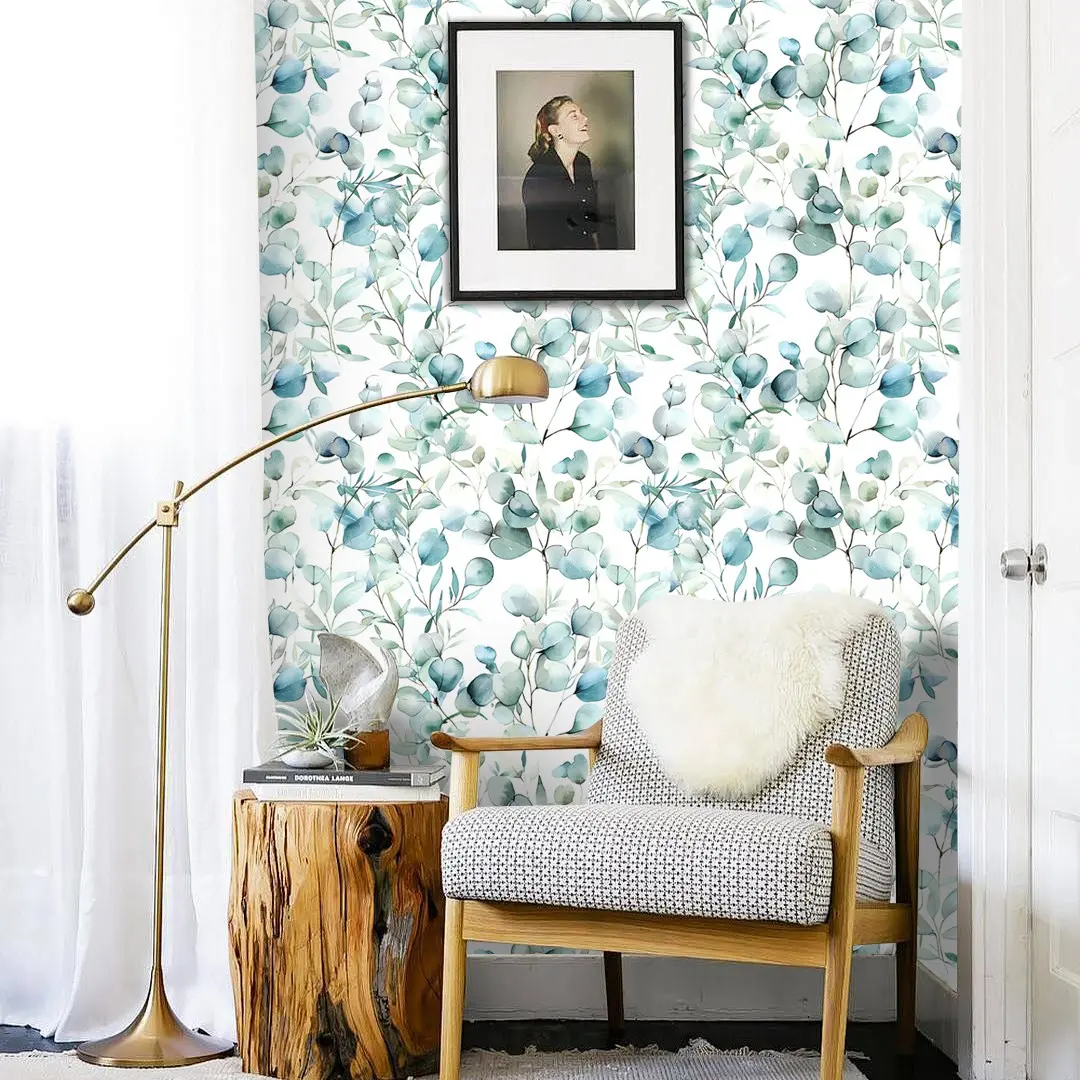 Boho Blue Leaf Self-Adhesive Wallpaper, Waterproof Durable Removable Wall Decal, Home Decor for Kitchen Bedroom Living Room