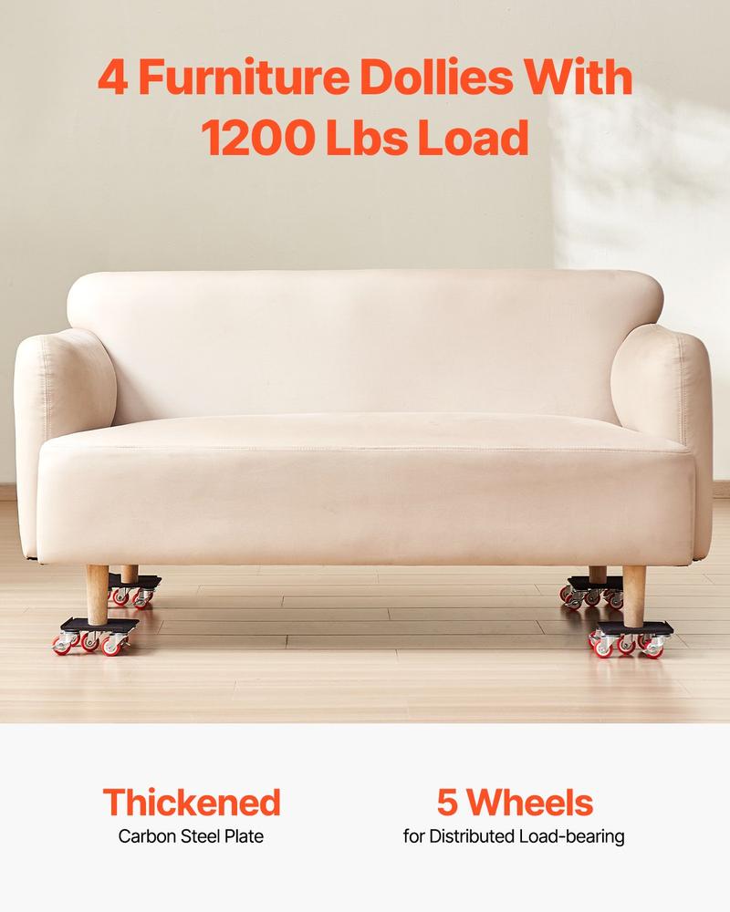 VEVOR Furniture Dolly, Maximum Load 1200 lbs, Heavy Duty Furniture Movers with 5 360 °   Rotation Wheels, Carbon Steel Panel, Furniture Lift Slider Tool Set for Appliances, Sofa, Fridge, Washing Machine