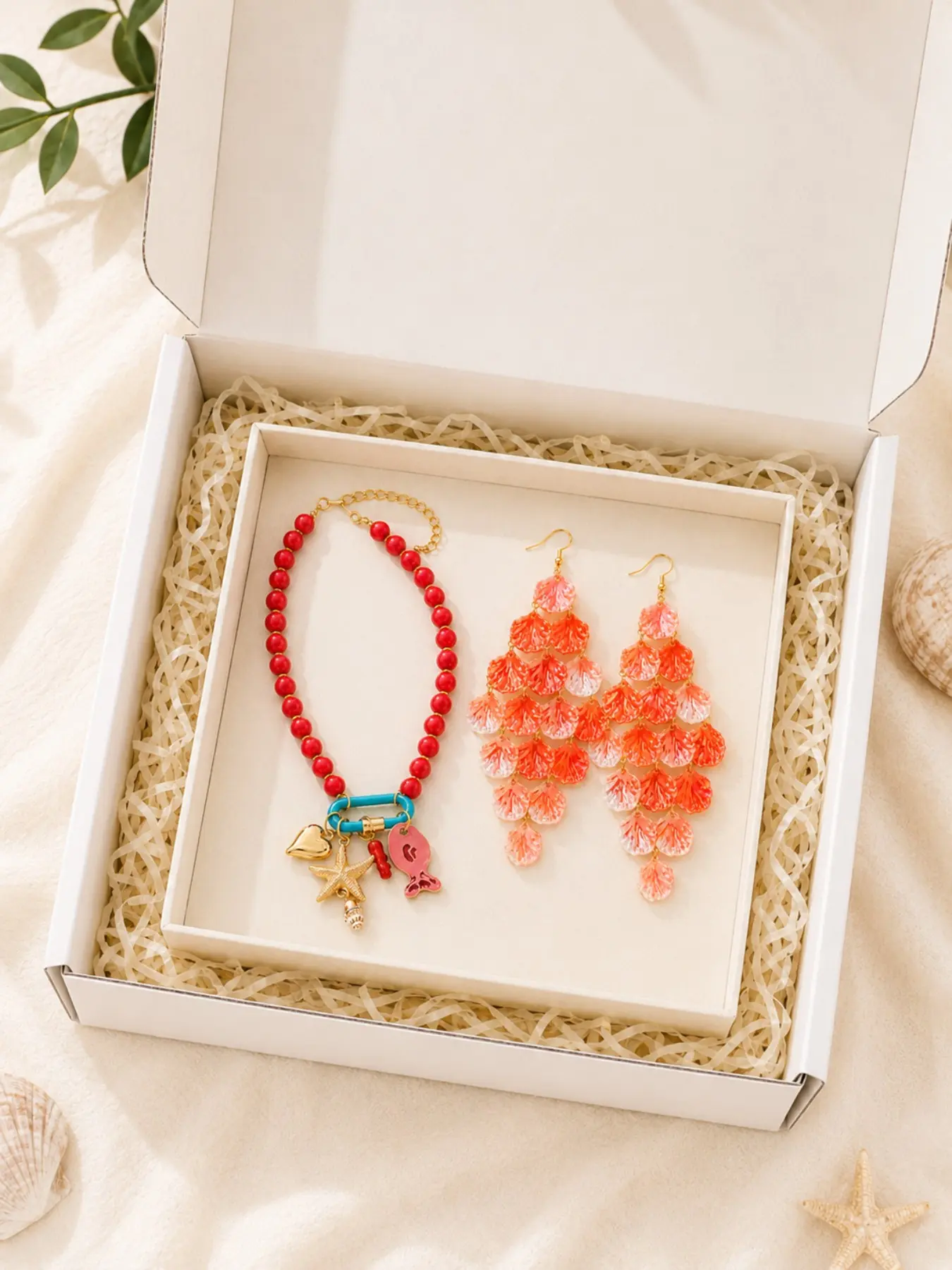 Coral Sunset Beach Jewelry Gift Box, Red Statement Necklace and Shell Earrings Set for Women, Summer Resort Party Gift