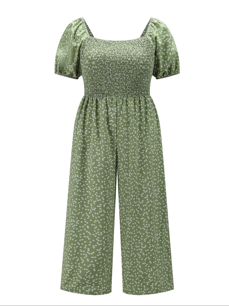 【Plus Size】 All Over Print Shirred Wide Leg Jumpsuit, Casual Short Sleeve Jumpsuit for Summer, Women's Plus Clothing for Daily Wear