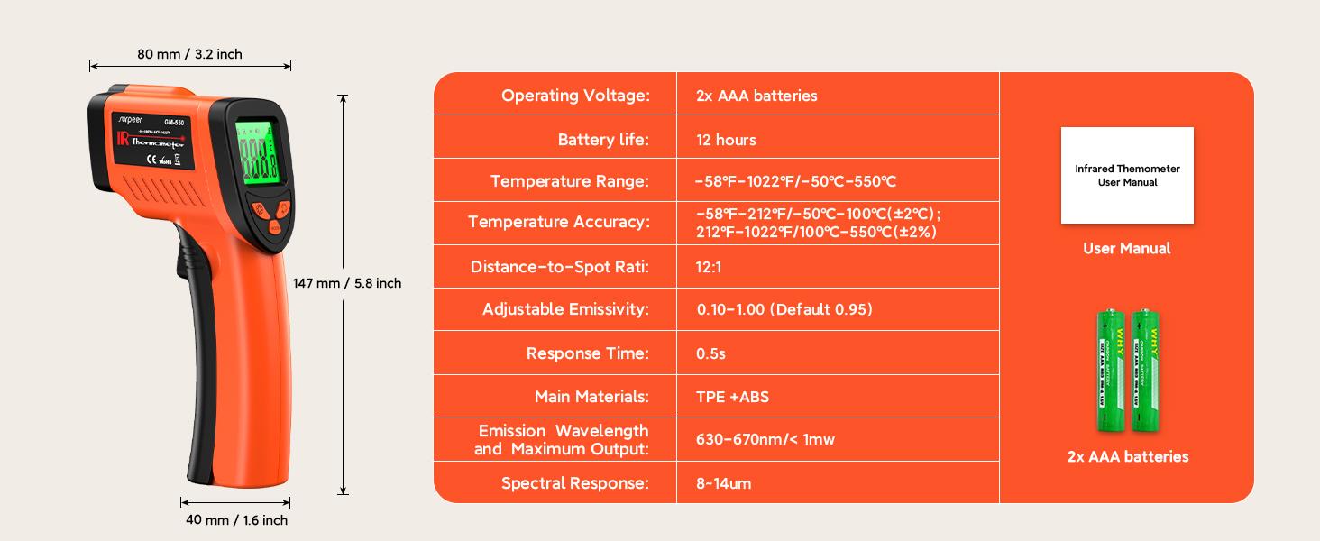 12:1 Infrared Thermometer Temperature Gun, Non-Contact Laser IR Temp Gun (-58 ° F to 1022 ° F/-50 ° C to 550 ° C), for Cooking, Pizza Ovens, BBQ, Grilling, and Reptiles