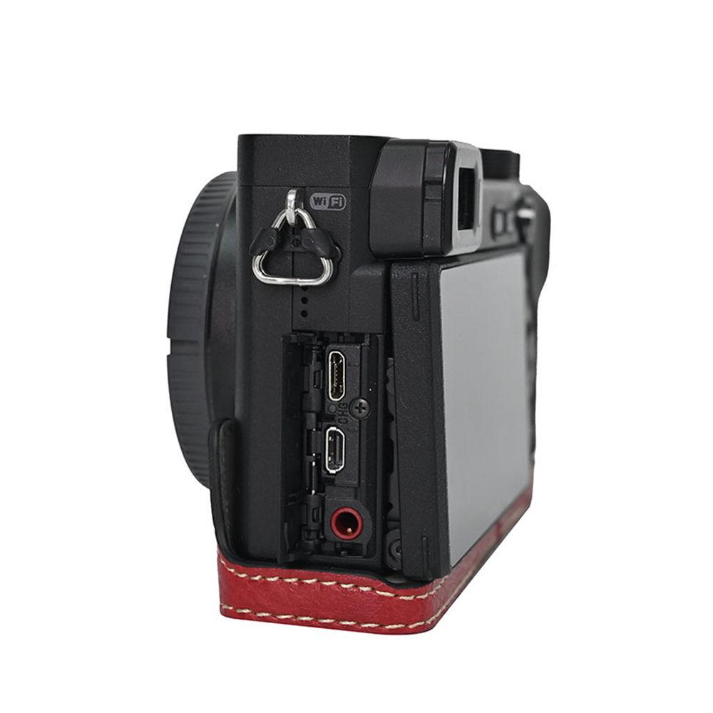 Litchi Pattern PU Leather Camera Half Case for Sony A6300 A6400 A6000 A6100 Bottom Opening Magnetic Cover With Strap