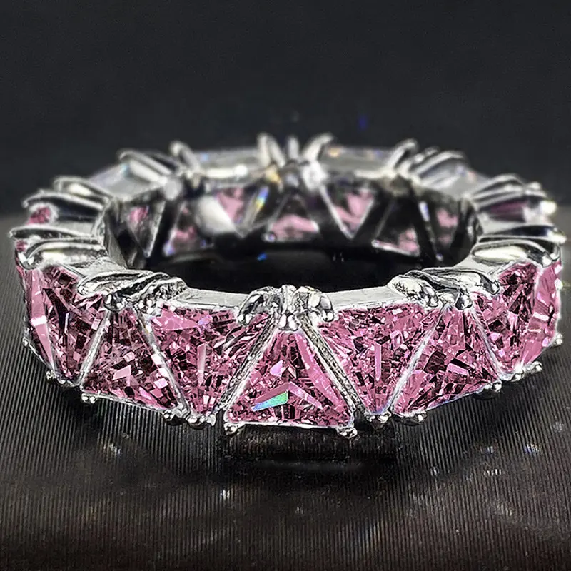 Triangle Pink Diamond Eternity Band, White Gold Plated Sparkling Full Pave Ring, Sweet Cool Party Jewelry Gift For Women