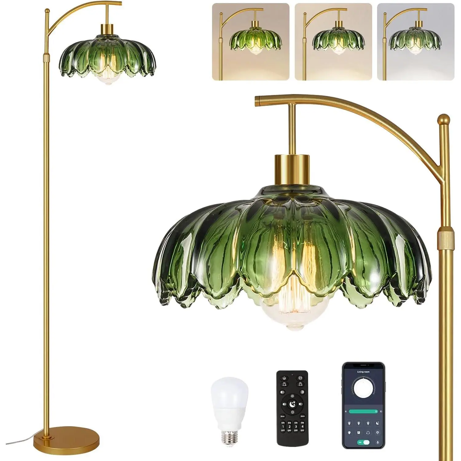 Arc Floor Lamps for Living Room Gold Floor Lamp with Remote Control, Dimmable Floor Lamp with Glass Lampshade, Vintage Mid Century Modern Standing Lamp Tall Flower Lamps for Bedroom Corner