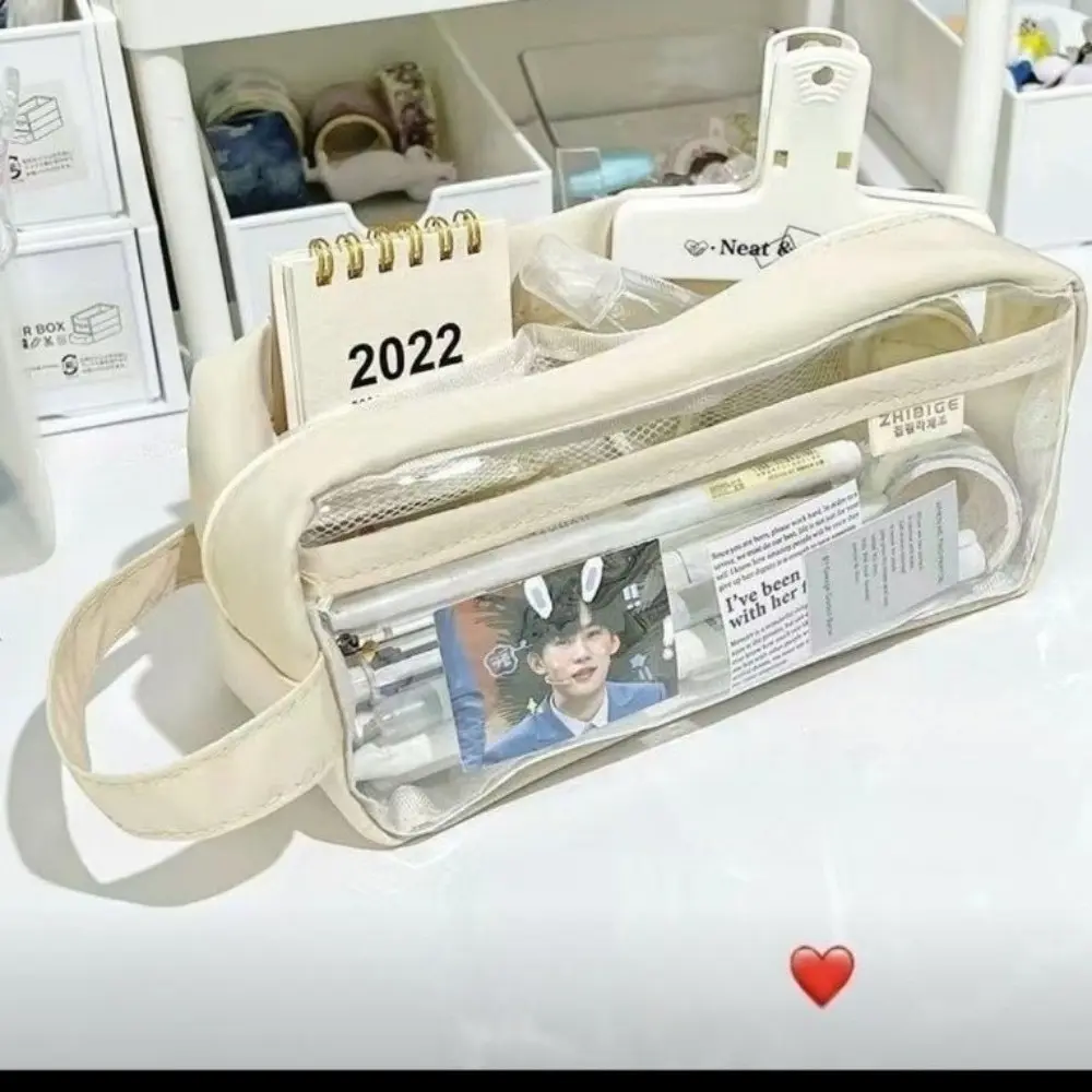 Translucent small window pen bag, portable hand-held pen bag, student large-capacity storage bag, multi-layer simple pencil bag, Desk Supplies