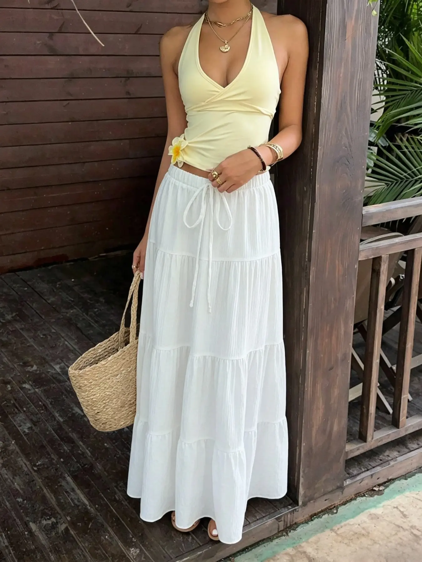 Women's Elastic Drawstring Adjustable Tiered Maxi Skirt, Flowy Ruffle A-Line Long Skirt, Casual Boho Beach Vacation White Layered Skirt