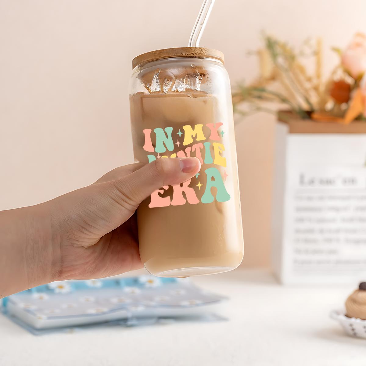 Portable 16oz Glass Cup with Straw & Brush, 1 Count Letter Pattern Coffee Cup, Drinking Cup for Home Office Use, Gift for Aunt, Birthday Gift, Tumbler Serving, Mom Tumbler, Kitchenware