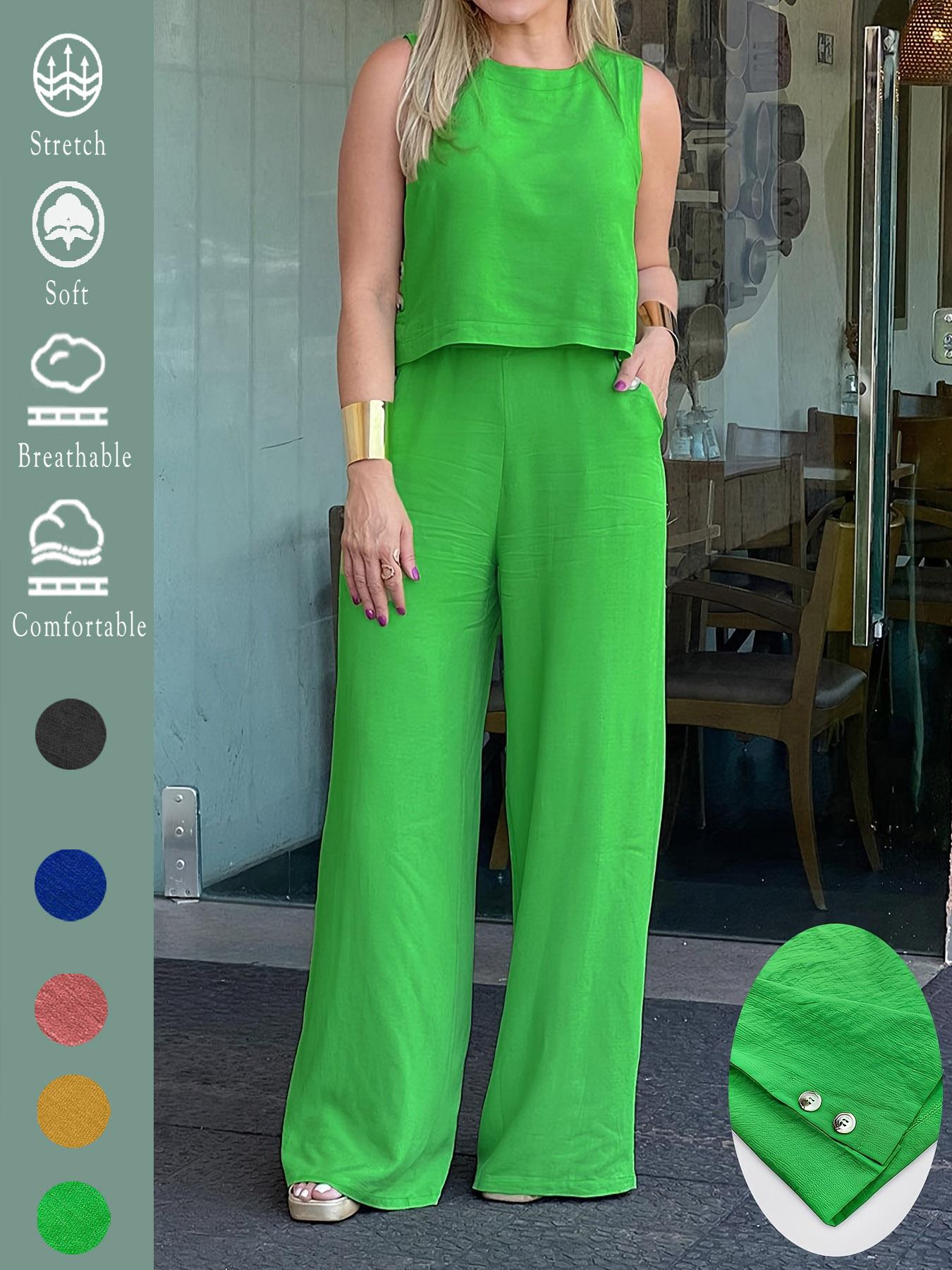 Elegant Solid Two-Piece Set, Loose-Fitting Sleeveless Top and Wide-Leg Pants with Pockets, Breathable Comfortable for Summer Travel and All Seasons