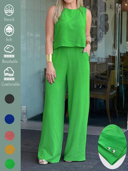 Elegant Solid Two-Piece Set, Loose-Fitting Sleeveless Top and Wide-Leg Pants with Pockets, Comfortable for Summer Travel and All Seasons