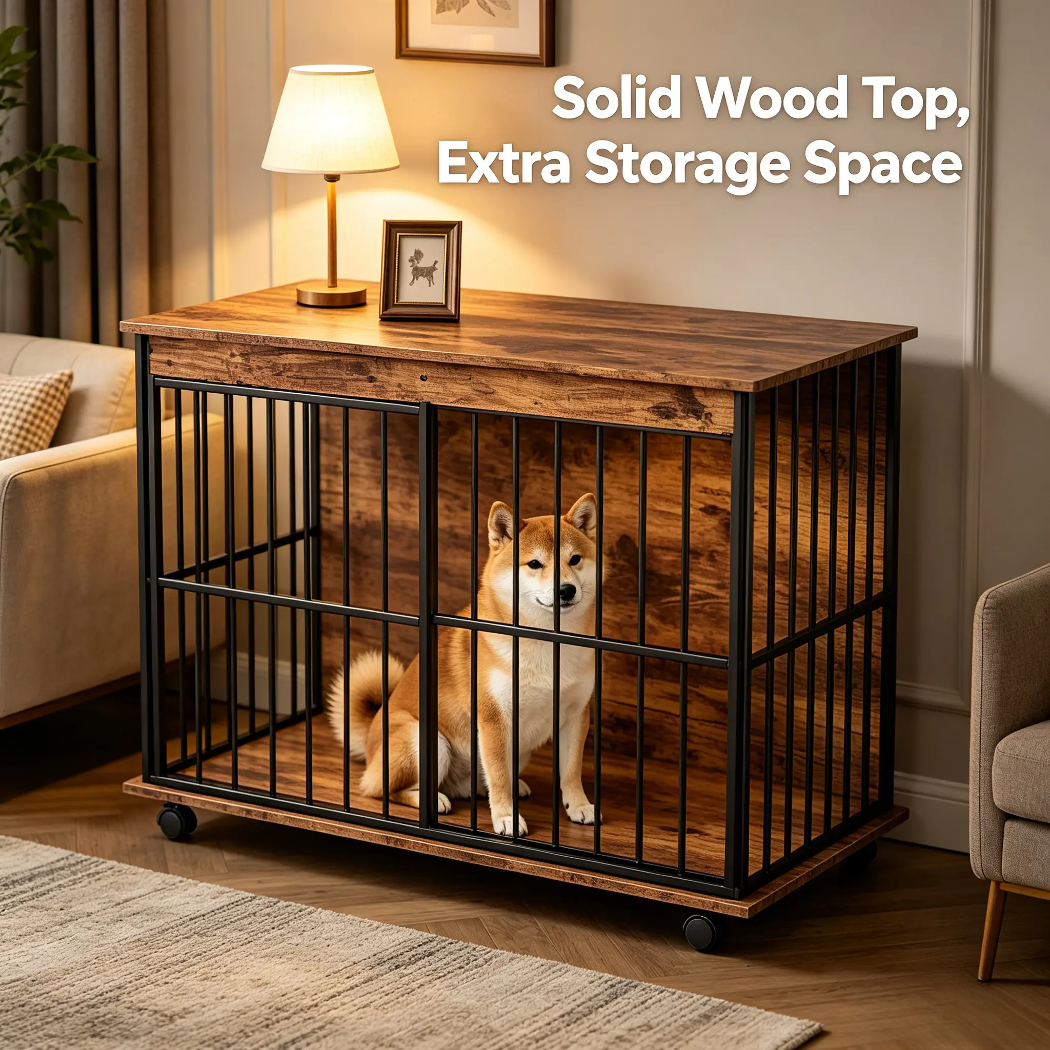 Furniture Style Dog Crate 43.3", Heavy Duty Wooden Dog Kennel with Lockable Sliding Door & Rolling Wheels, Decorative Dog Cage End Table for Medium Large Dogs, MDF & Iron Pet Crate Furniture Indoor Use
