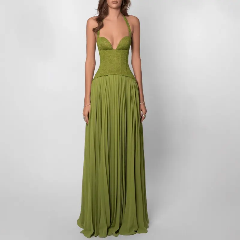 Women's Ocean-Style Sleeveless Halter Dress - European & American Cross-Border Casual Wear, Backless, Low-Cut, Waist-Cinching, Ruched Straps